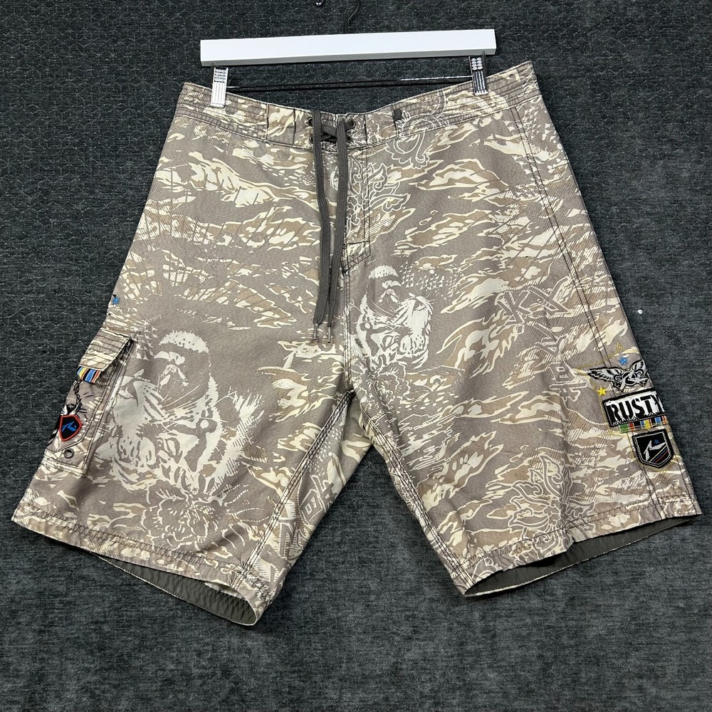 Rusty Board Shorts Mens Tan Camo Tiger Graphic Embroidered Patch Swim Trunks W36